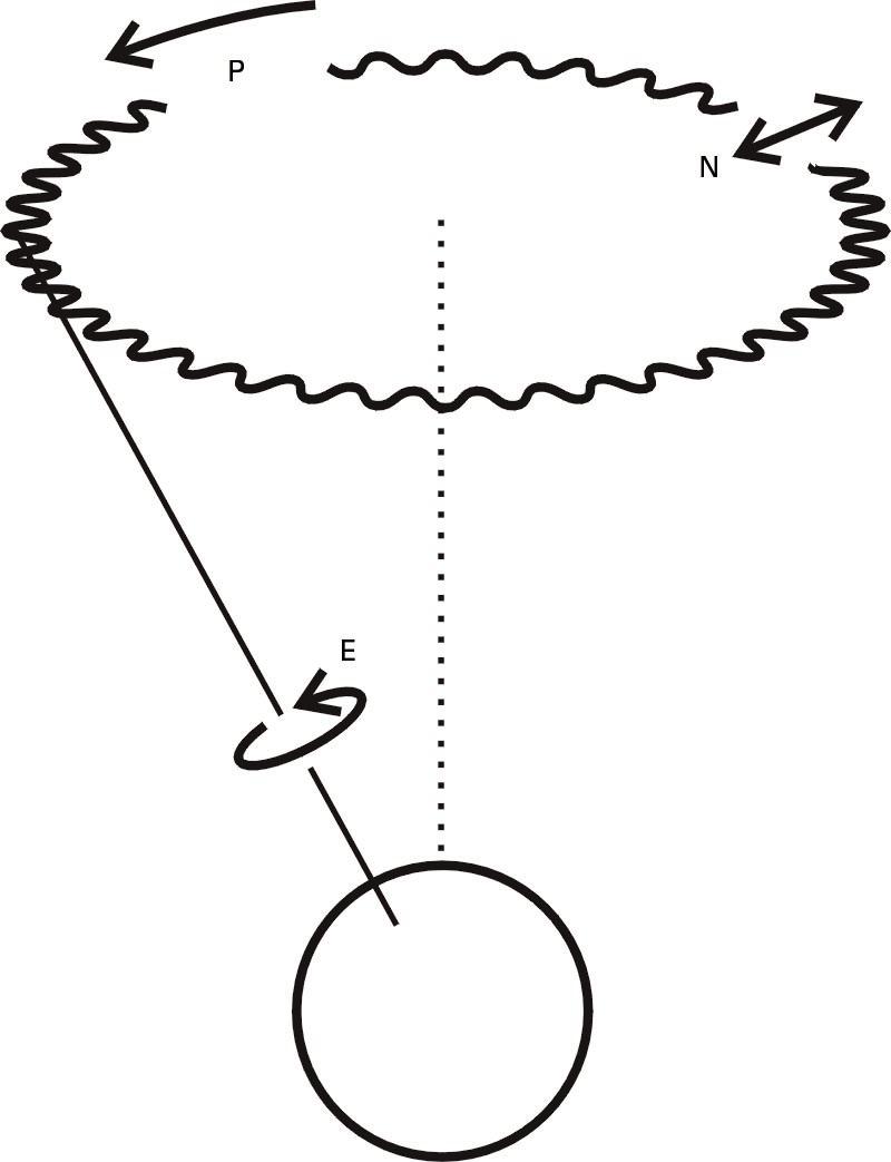 Lurraren errotazio-higidura (E), ardatzaren prezesioa (P) eta nutazioa (N)