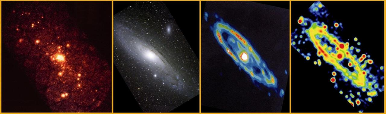 M31 galaxia kiribilaren irudia zenbait uhin-luzeratan: a) X izpiak (ROSAT); b) ikusgaia (DSS); c) infragorria (IRAS); eta d) irrati-uhinak (Effelsberg)