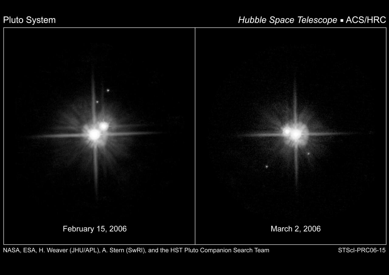 <span style="font-style:italic">Hubble</span> teleskopioak 2006an hartutako Pluton-Charon sistemaren bi argazki. Pluton erdian ageri da, eta Charon haren inguruan; lehen iruditik bigarrenera, Charonek erlojuaren kontrako mugimendua egin du, Plutonen goiko eskuinaldetik ezkerraldera. Beste bi puntu zuri txikiak Hidra eta Nix dira, Plutonen sateliteak