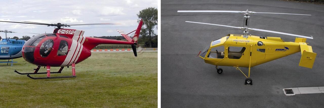 Ezkerrean, <span style="font-style:italic">Hughes/MD 500</span> helikopteroa; eskuinean, <span style="font-style:italic">AN-2 ENARA</span> helikoptero koaxial baten prototipoa