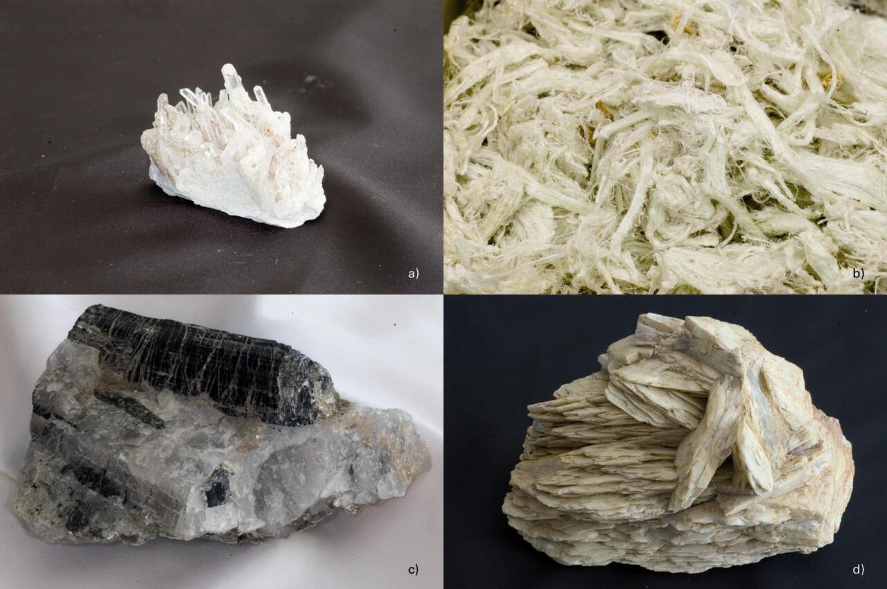 Mineral-banakoen habituak: a) azikularra (kuartzoa); b) ilekara (asbestoa); c) zutabe-itxurakoa (turmalina); d) tabularra (baritina)