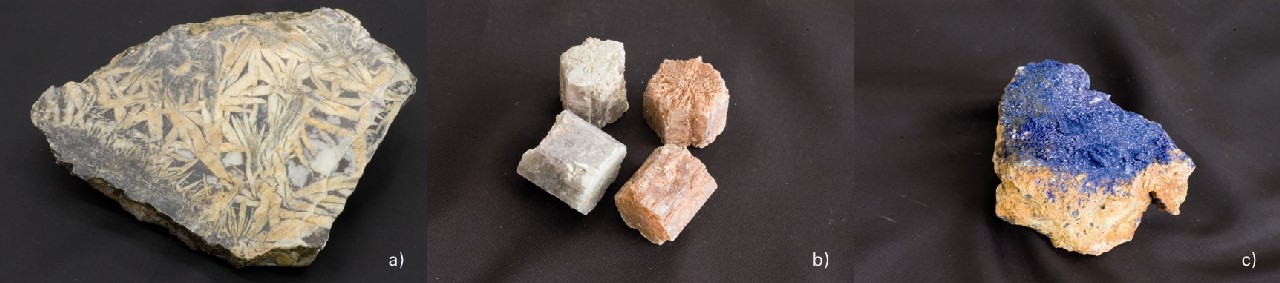 Karbonatoak: a) magnesita; b) aragonitoa; c) azurita