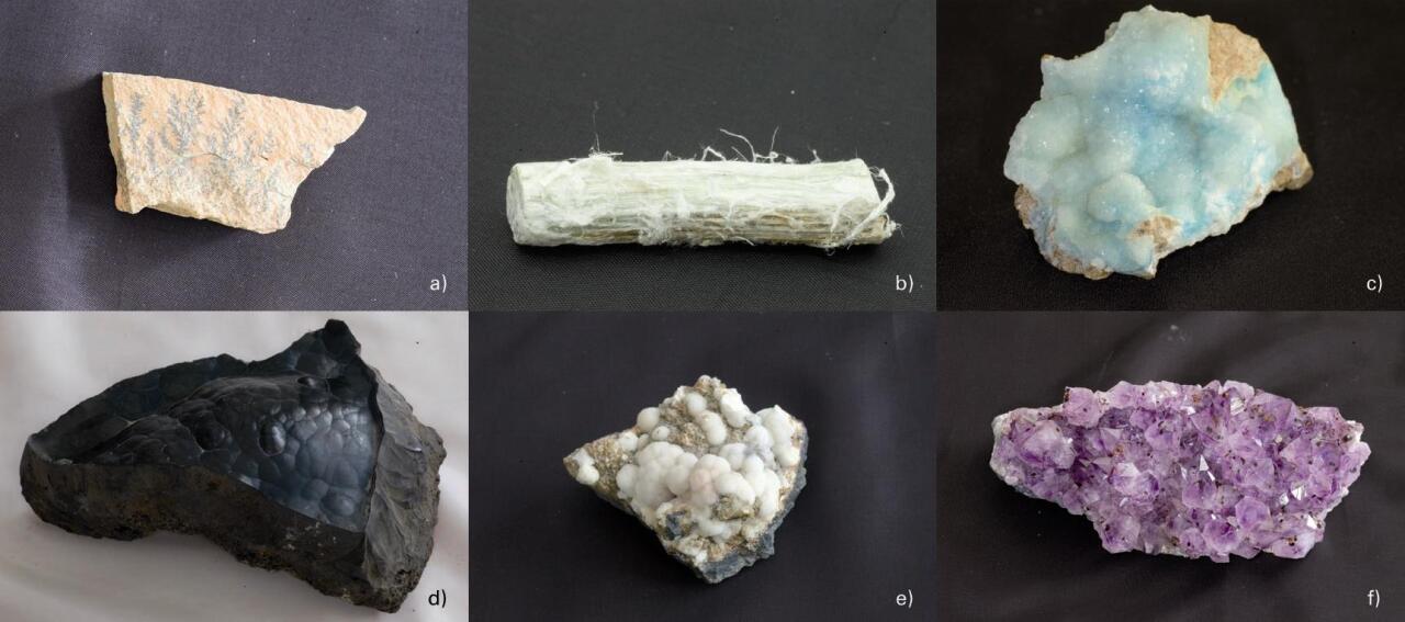 Mineral-agregatuen habituak: a) dendritikoa (pirolusita); b) haritsua (asbestoa); c) botroidala (hemimorfita); d) giltzurrun-itxurakoa (goethita); e) globulu-itxurakoa (hemiedrita); f) drusa (amatista)