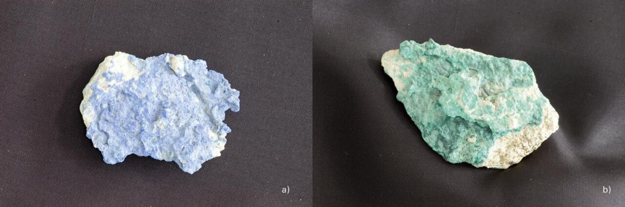 Mineral idiokromatikoak: a) azurita; b) malakita
