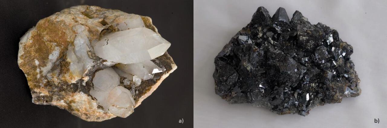 Distira ez-metalikoa duten mineralak: a) beirakara (kuartzoa); b) erretxinakara (esfalerita)