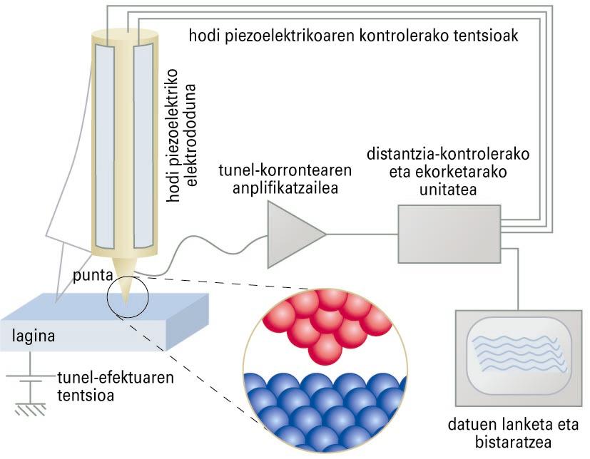 Ekorketazko tunel-mikroskopio edo tunel-efektuko mikroskopioaren eskema orokorra